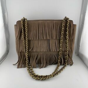 TORY BURCH Brown Suede Fringe Chain Strap Convertible Shoulder Bag​​​​​​​​​